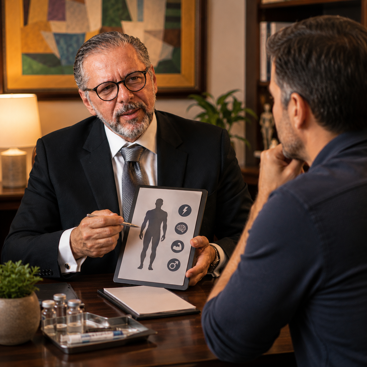 Dr. Wanderley em consulta de reposição hormonal masculina com paciente