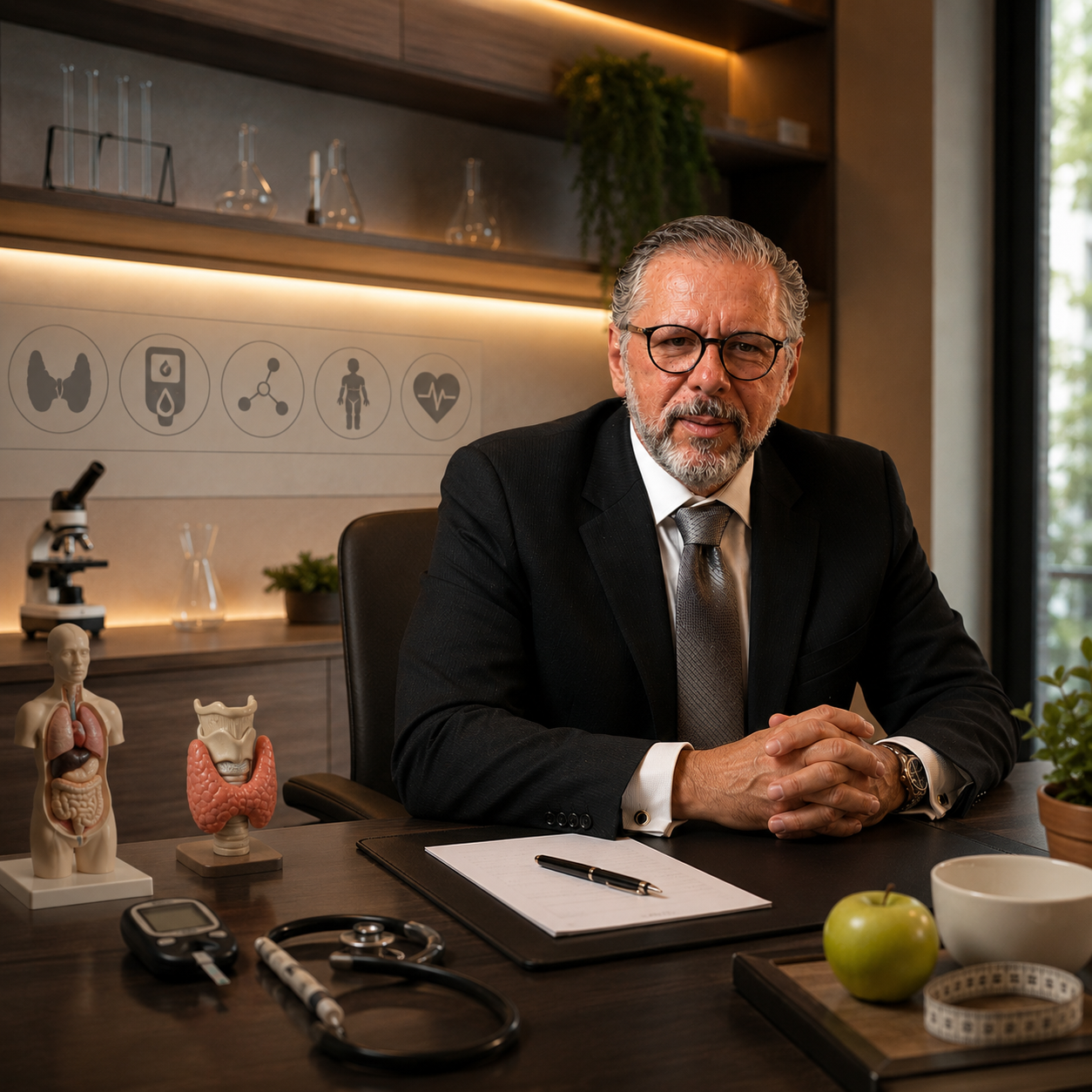 Dr. Wanderley em seu consultório de endocrinologia, com modelos anatômicos e instrumentos